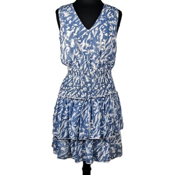 Entro Blue White Ethereal Smocked Waist Tiered Ruffled Mini Dress Sz L Romantic - Picture 2 of 14